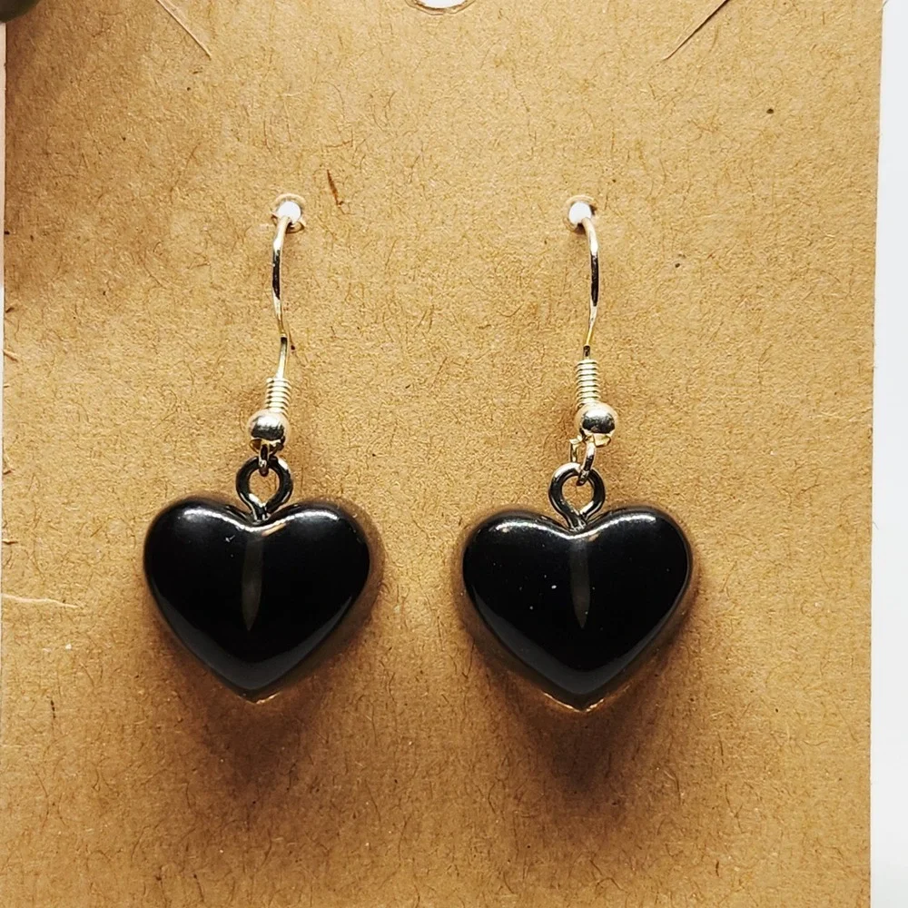 Handmade Black Jelly Translucent Heart Dangle Drop Earrings‎ 1-1/2